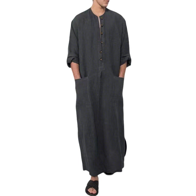 Abel Breathable Linen Tunic with Stand Collar and Pockets in Grey