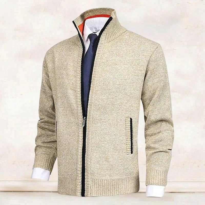Abel Knit Cardigan with Stand Collar and Zip Front in Beige
