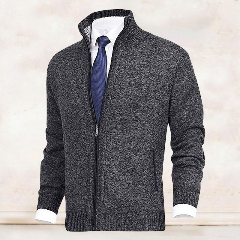 Abel Knit Cardigan with Stand Collar and Zip Front in Dark Grey