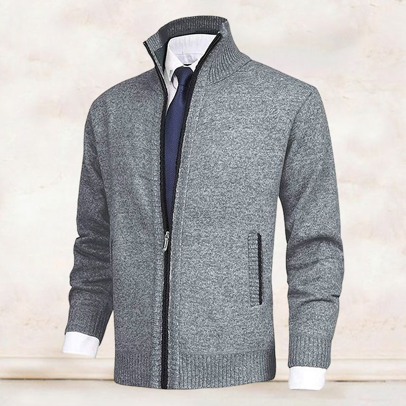 Abel Knit Cardigan with Stand Collar and Zip Front in Grey