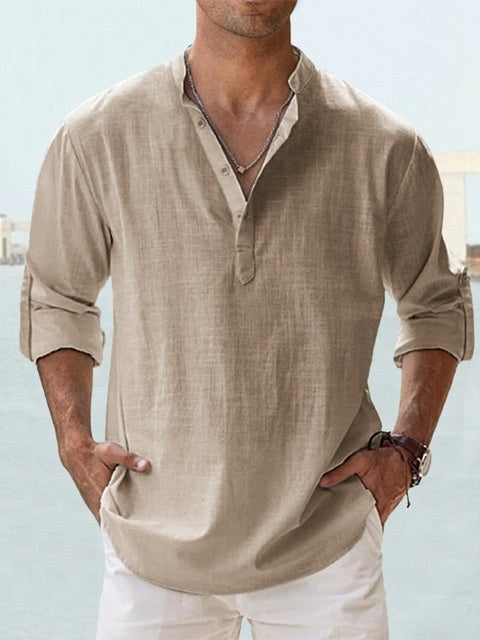 Abel Shirt with Stand Collar and Long Sleeve in Khaki