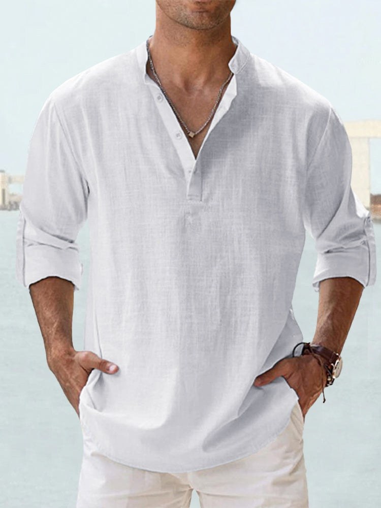 Abel Shirt with Stand Collar and Long Sleeve in White
