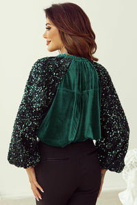 Dahlia Sequin Patchwork Sleeve Button Up Velvet Top