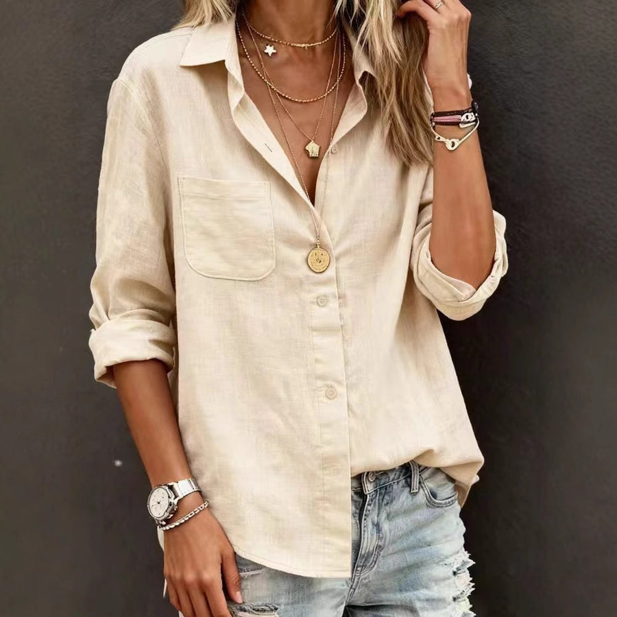Adeline Casual Linen Blouse with Chest Pocket