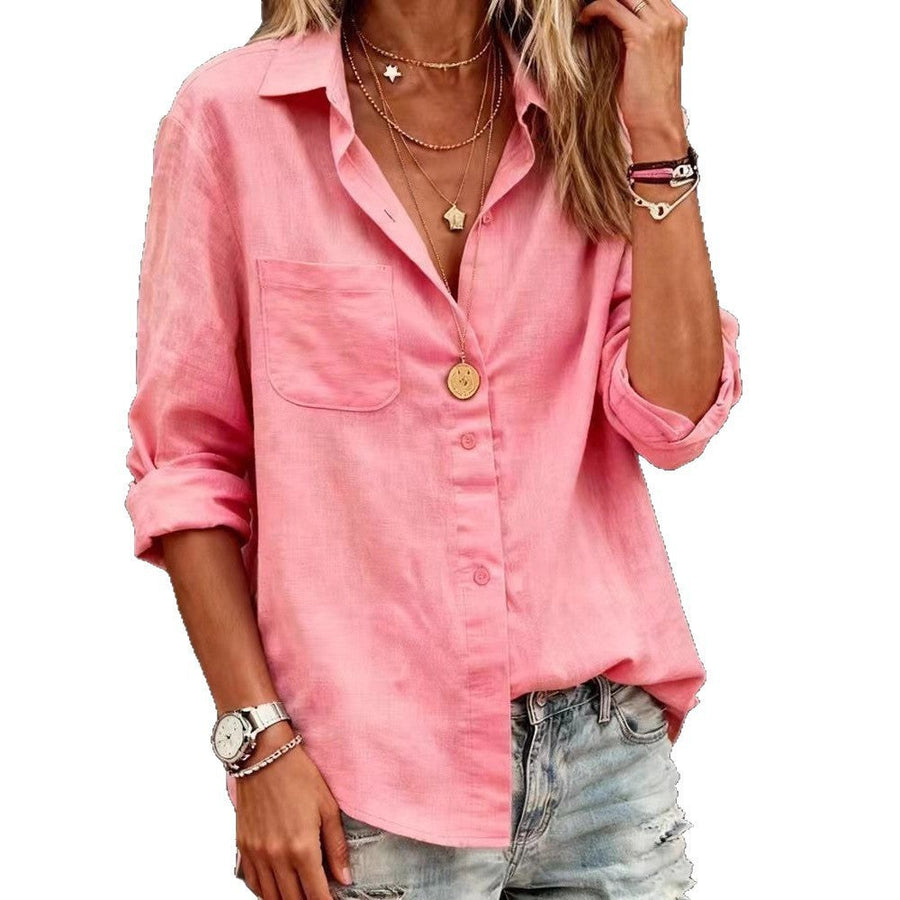 Adeline Casual Linen Blouse with Chest Pocket