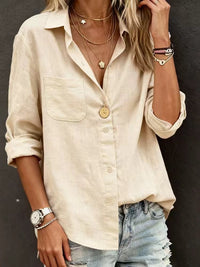 Adeline Casual Linen Blouse with Chest Pocket in Ivory