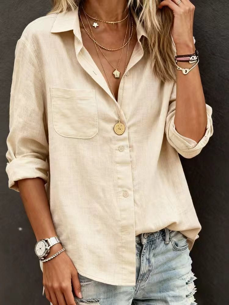 Adeline Casual Linen Blouse with Chest Pocket in Ivory
