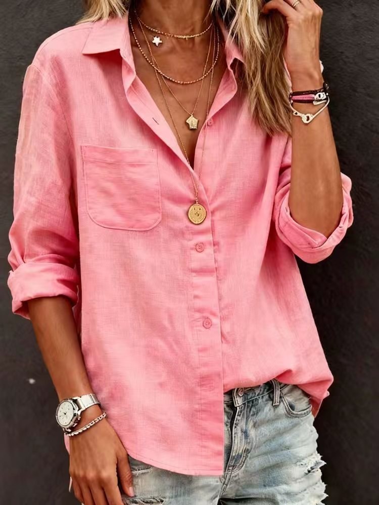 Adeline Casual Linen Blouse with Chest Pocket in Pink