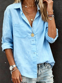 Adeline Casual Linen Blouse with Chest Pocket in Sky Blue