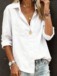Adeline Casual Linen Blouse with Chest Pocket in White