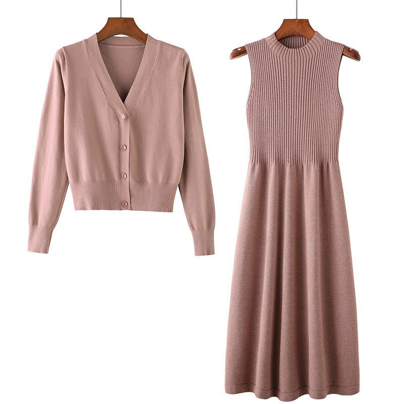 Adeline Elegant Knit Dress with V-Neck in Pink
