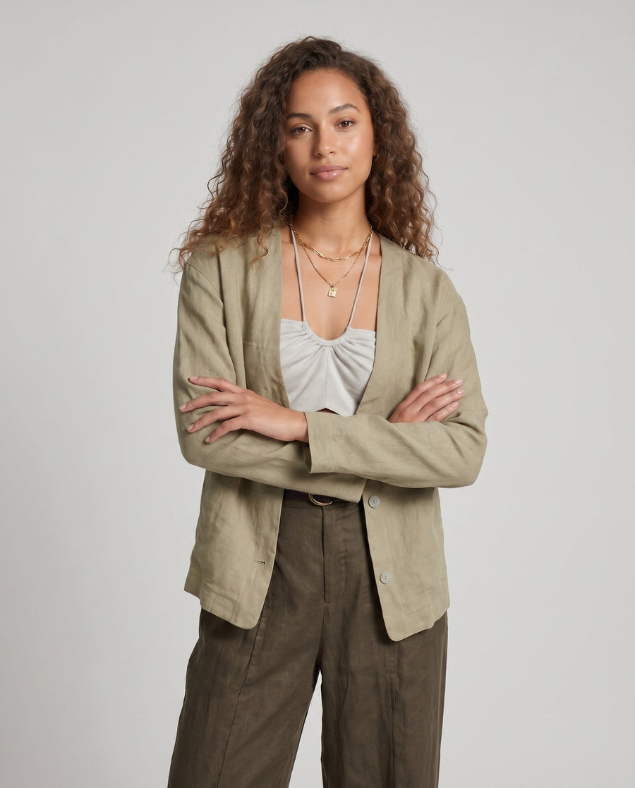 Adeline Elegant Linen Blouse with V-Neck and Button Front