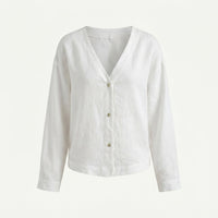 Adeline Elegant Linen Blouse with V-Neck and Button Front in Beige