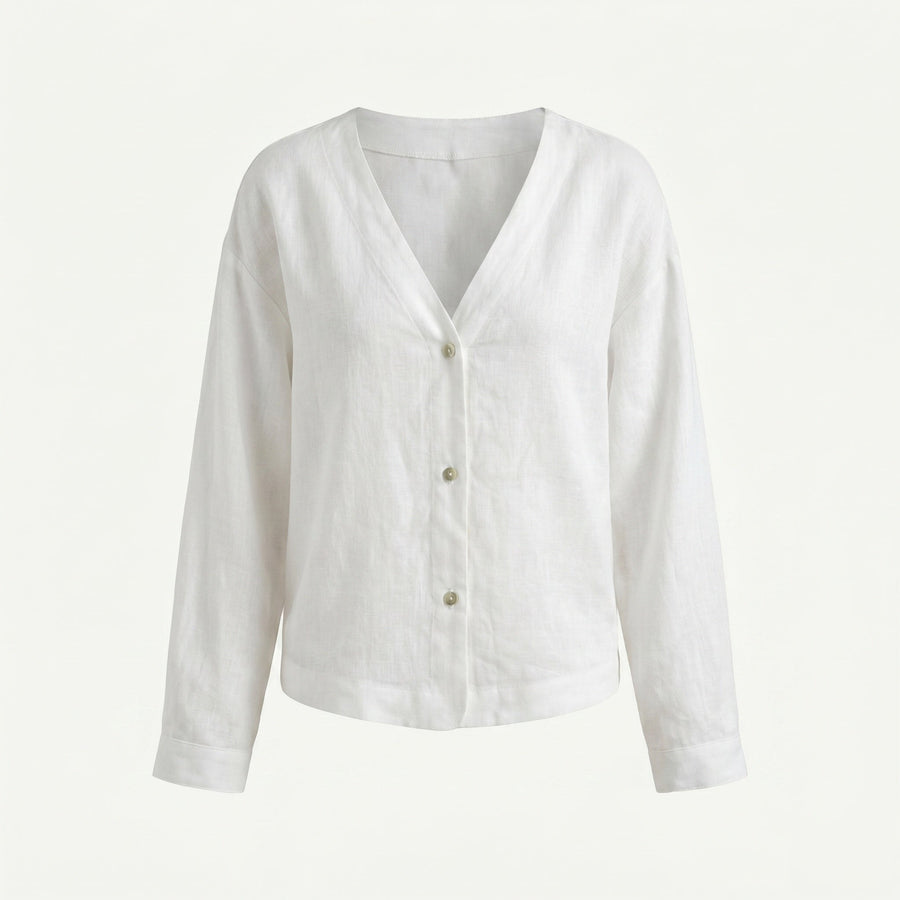 Adeline Elegant Linen Blouse with V-Neck and Button Front in Beige