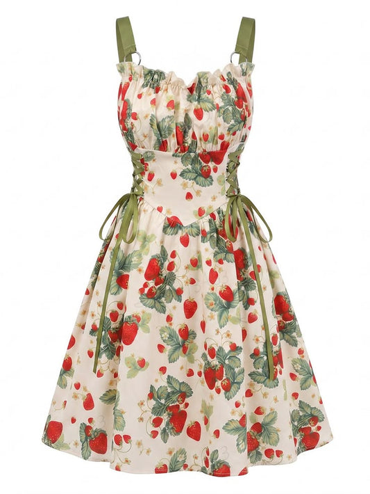 1950s Ruffled Square Neck Sleeveless Floral Print Swing Dress