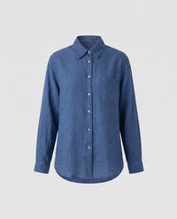 Agnes Casual Linen Blouse with Chest Pocket in Denim Blue