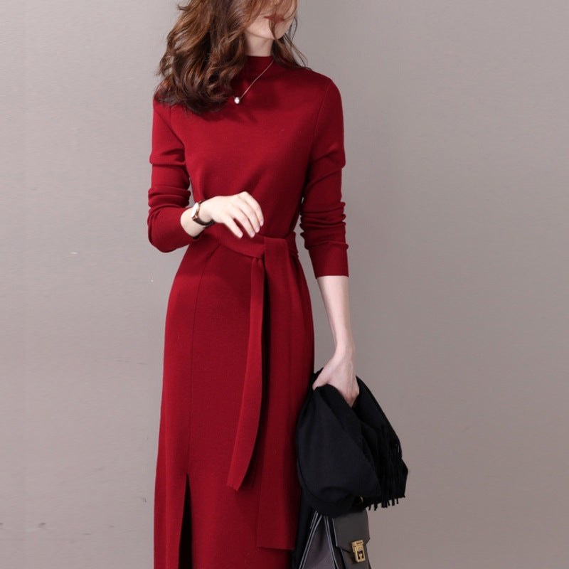 Agnes Elegant Knit Dress with Side Split and Belted in Red