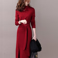 Agnes Elegant Knit Dress with Side Split and Belted
