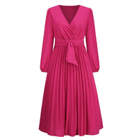 Agnes Elegant Wrap Dress with Pleated and Belted in Magenta
