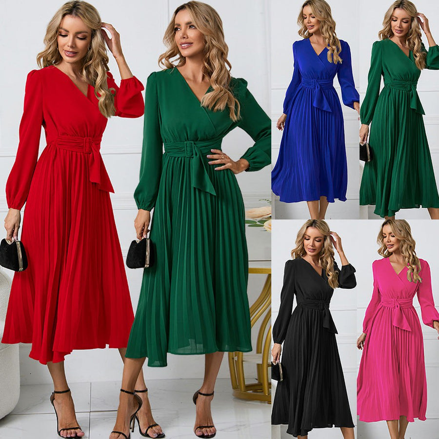Agnes Elegant Wrap Dress with Pleated and Belted