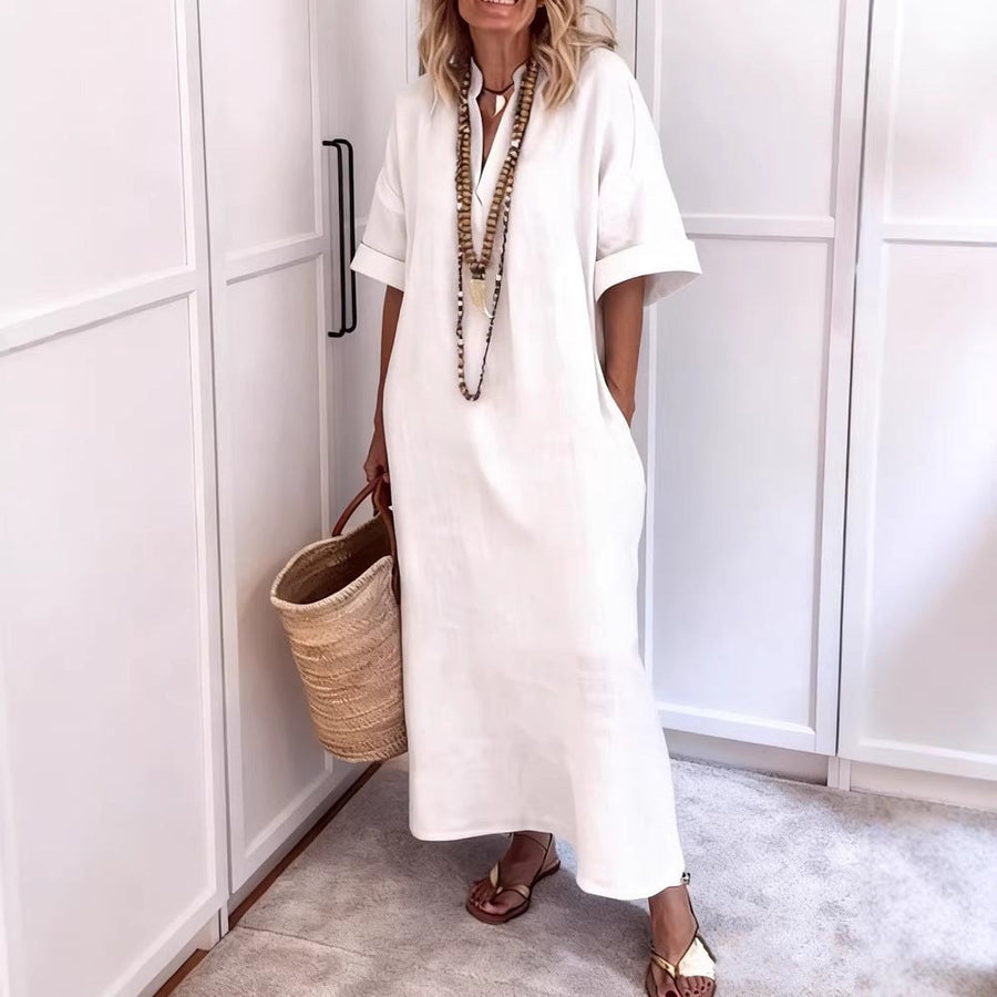 Agnes Linen Maxi Dress with V-Neck and Pockets