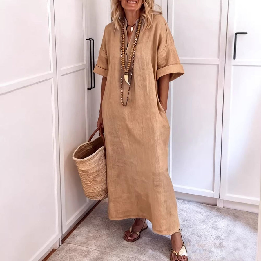 Agnes Linen Maxi Dress with V-Neck and Pockets
