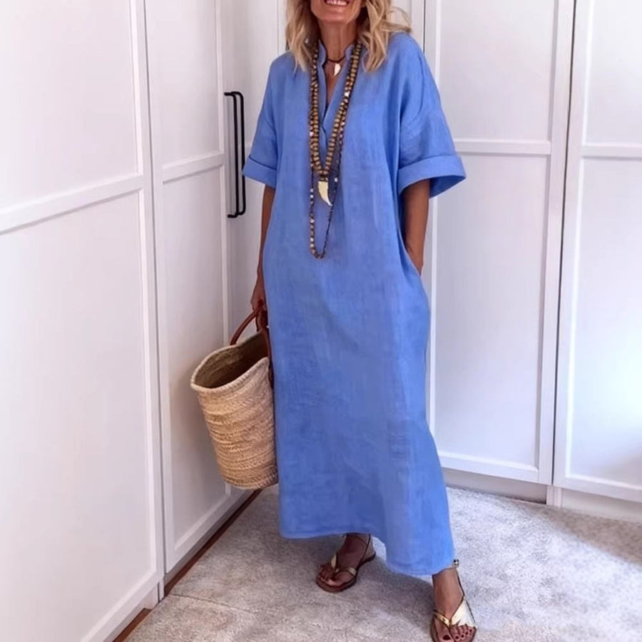 Agnes Linen Maxi Dress with V-Neck and Pockets