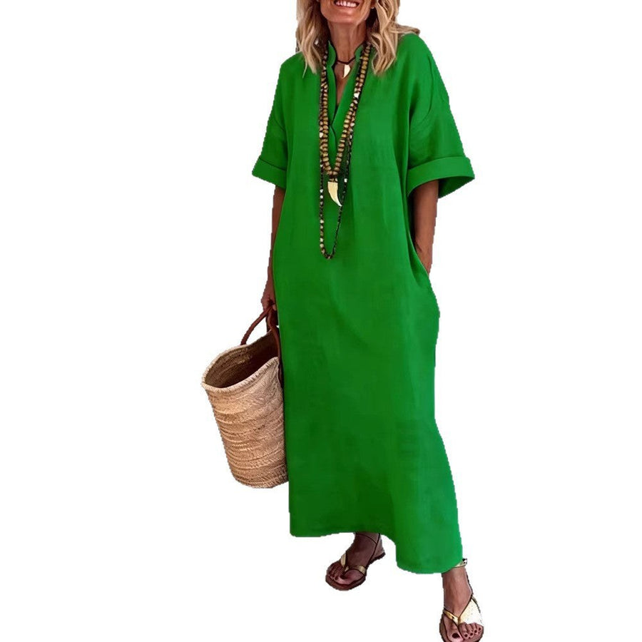 Agnes Linen Maxi Dress with V-Neck and Pockets