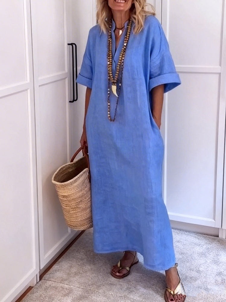 Agnes Linen Maxi Dress with V-Neck and Pockets in Blue