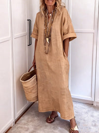 Agnes Linen Maxi Dress with V-Neck and Pockets in Camel