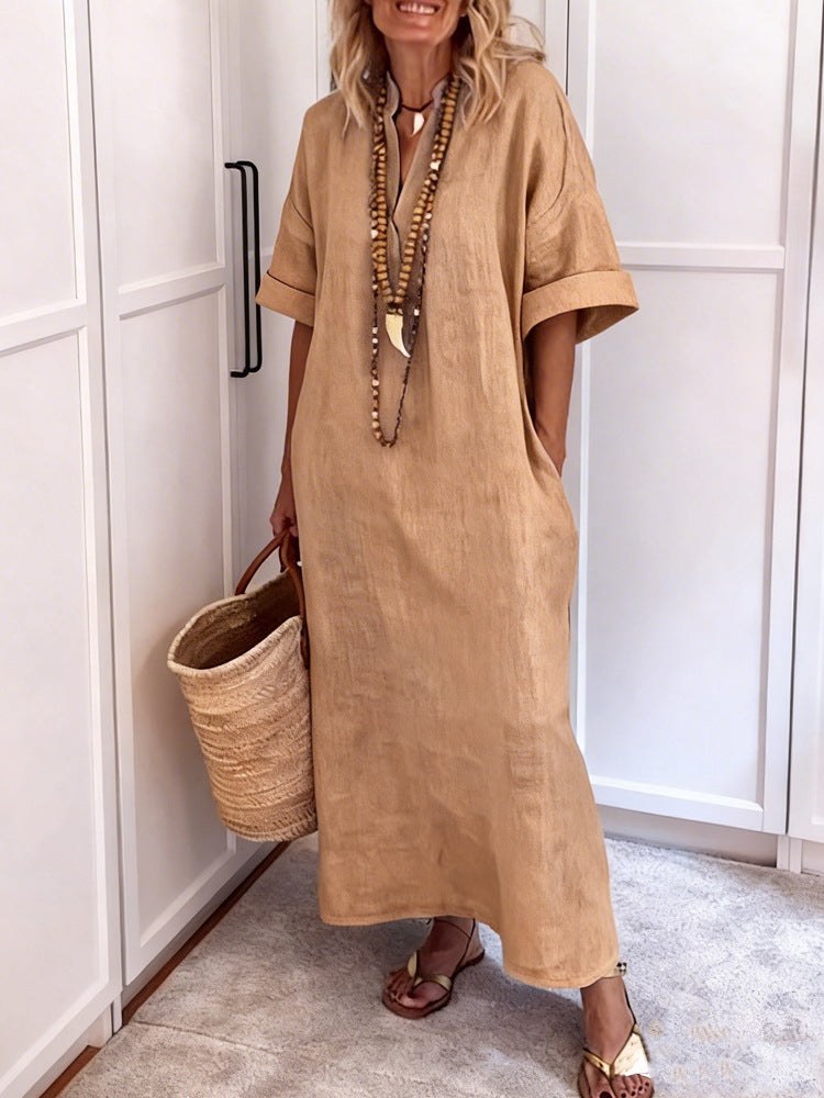 Agnes Linen Maxi Dress with V-Neck and Pockets in Camel