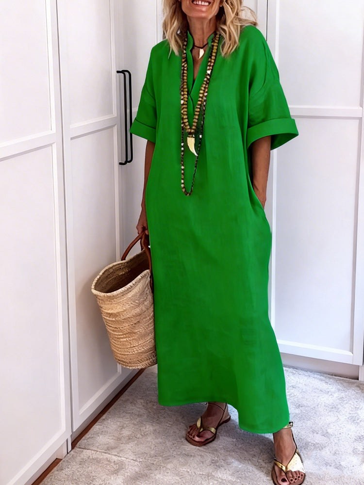 Agnes Linen Maxi Dress with V-Neck and Pockets in Green