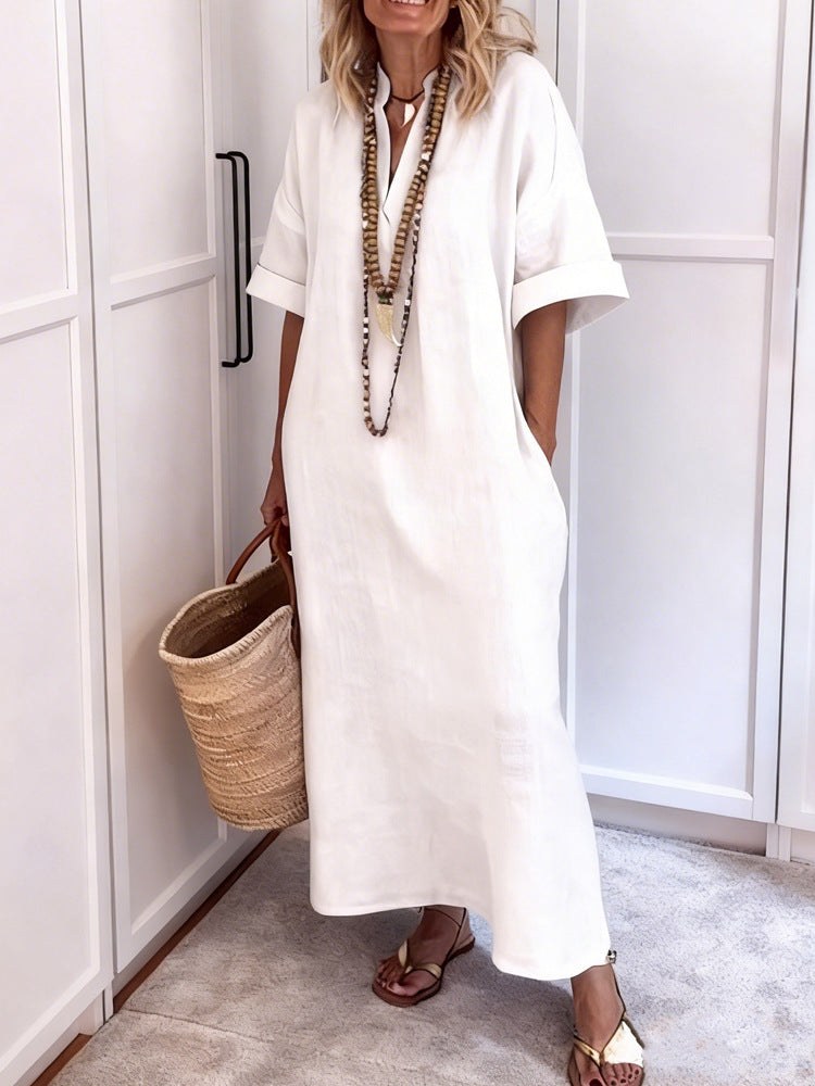Agnes Linen Maxi Dress with V-Neck and Pockets in White