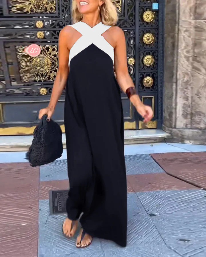 Aimee™ Breathable Comfortable Crossed Maxi Dress in Black/White