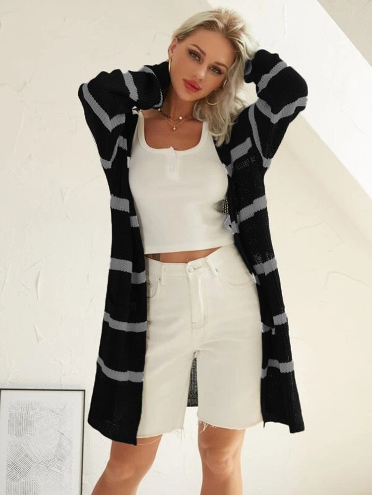 Alara Casual Knit Cardigan with Striped in Grey