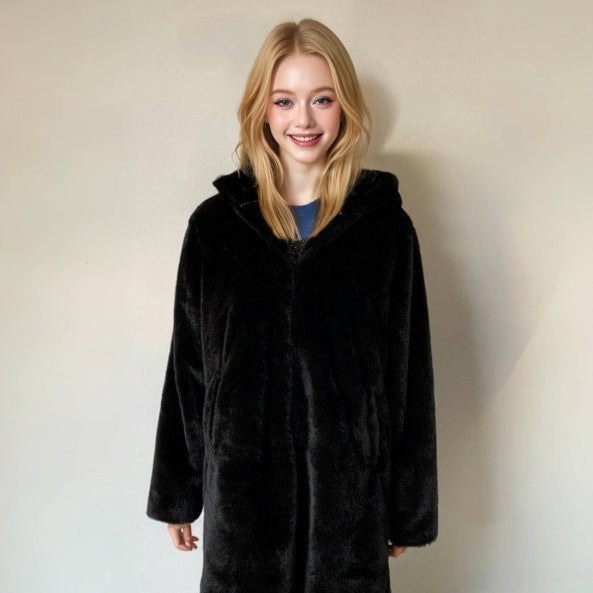 Alara Elegant Coat with Pockets and Hood in Black