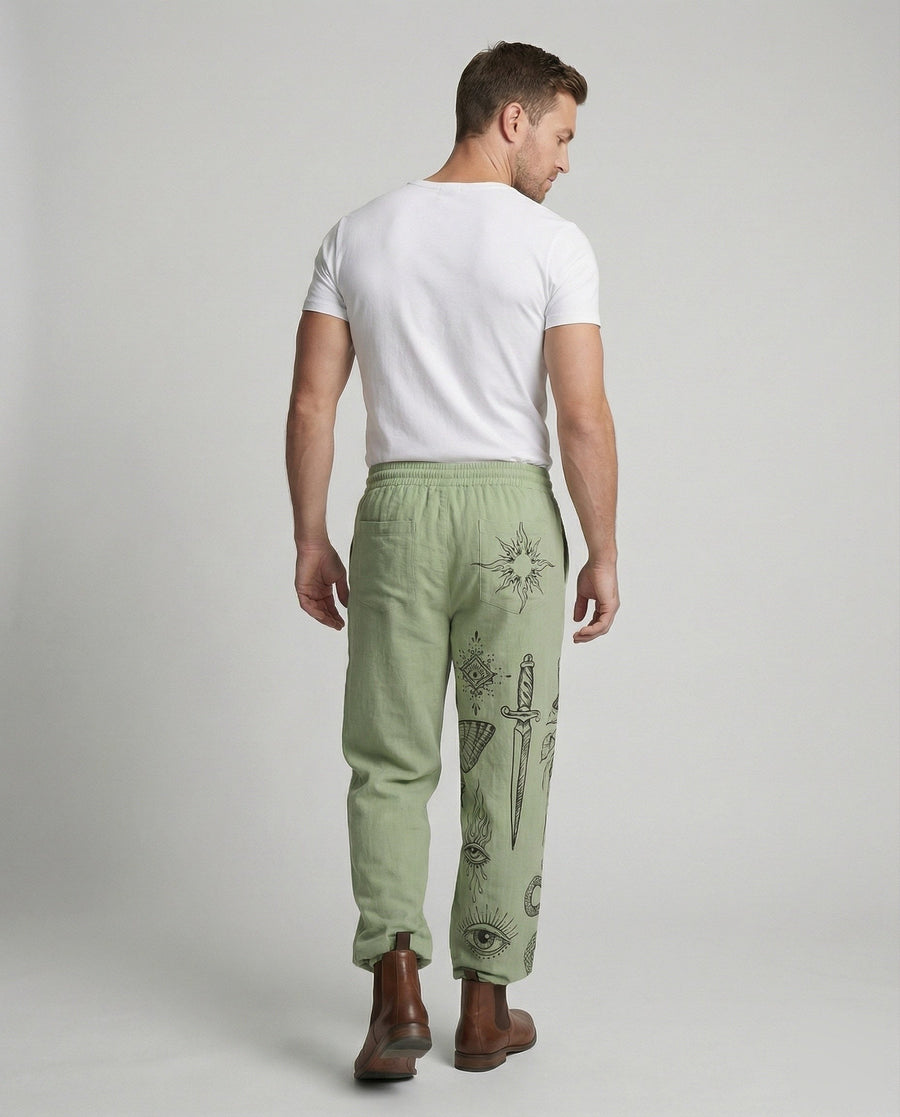 Alaric Linen Trousers with Drawstring Waist and Elastic Waist