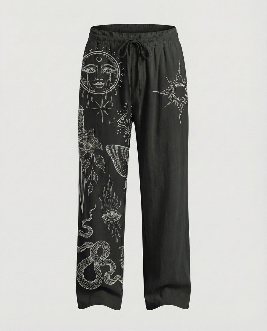 Alaric Linen Trousers with Drawstring Waist and Elastic Waist in Black