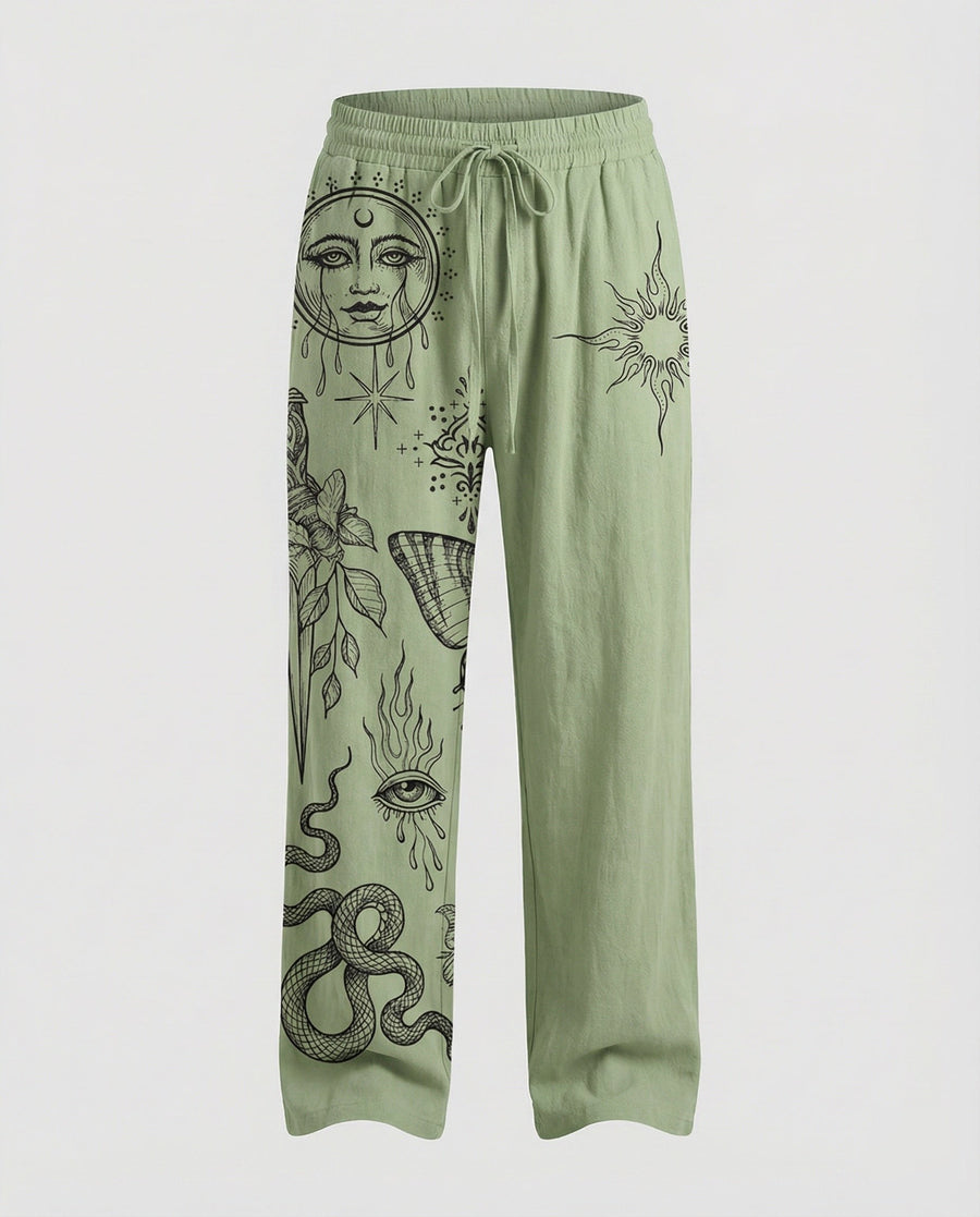 Alaric Linen Trousers with Drawstring Waist and Elastic Waist in Grey