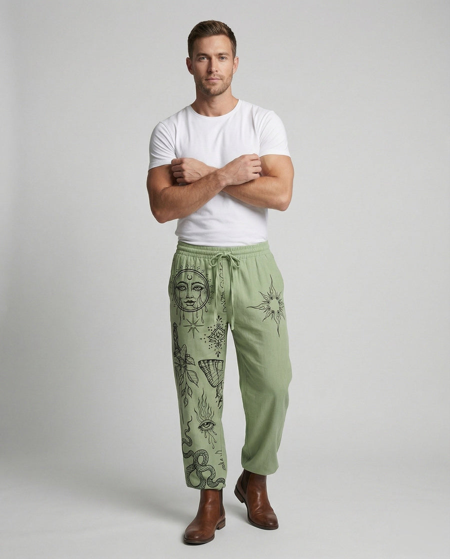 Alaric Linen Trousers with Drawstring Waist and Elastic Waist