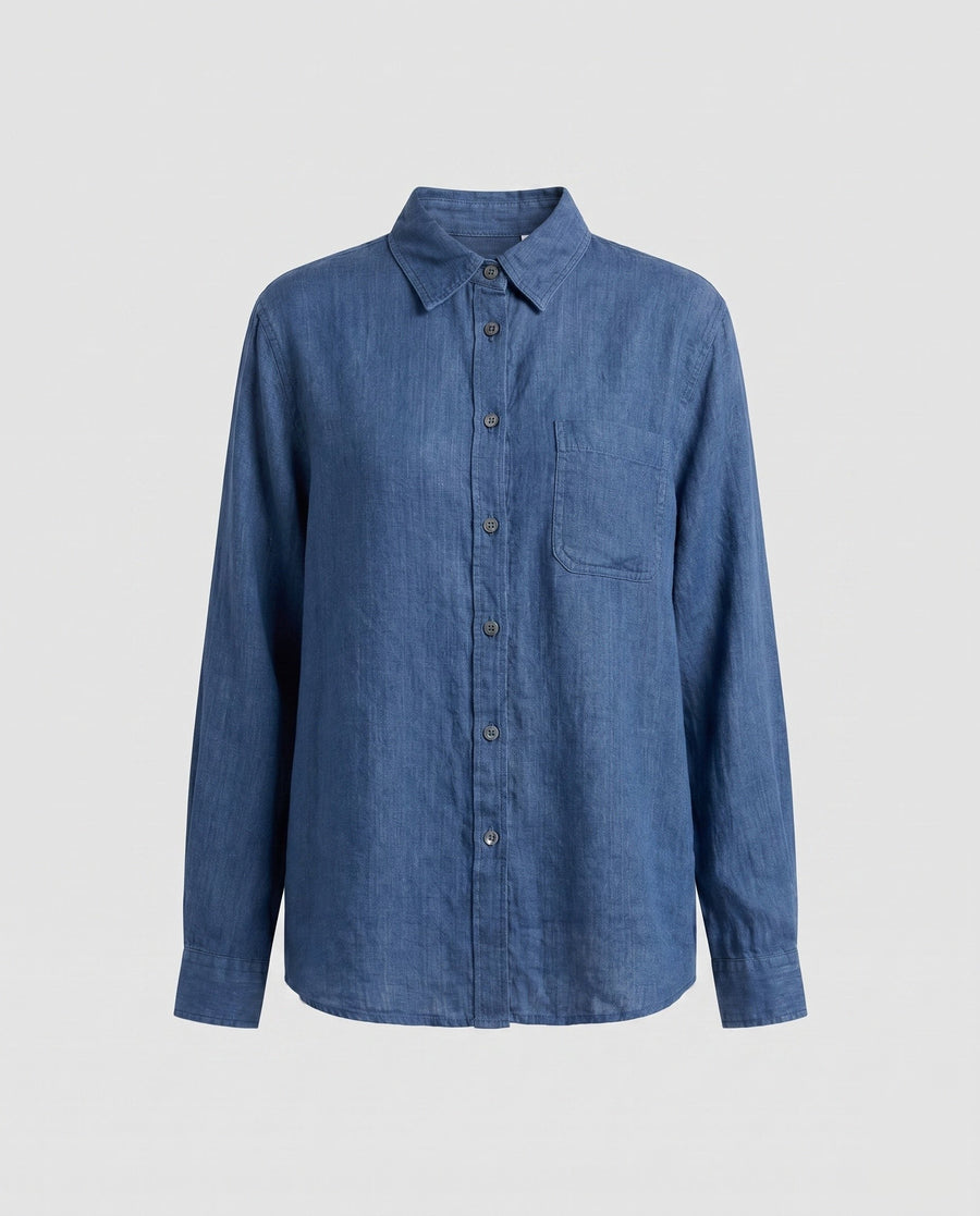 Alba Casual Linen Blouse in Denim Blue