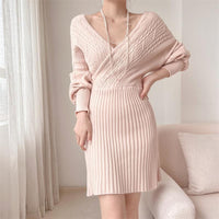 Alba Elegant Knit Dress with V-Neck in Apricot
