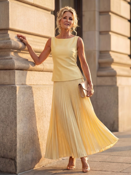 Aldene Women's Pleated Skirt Two-Piece Set in Yellow