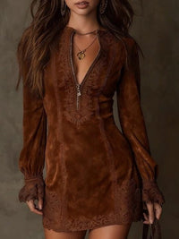 Aldowen | Women's Long Sleeve Lace Trim Mini Dress