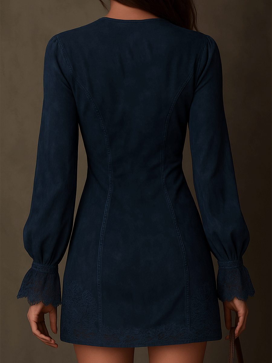 Aldowen | Women's Long Sleeve Lace Trim Mini Dress