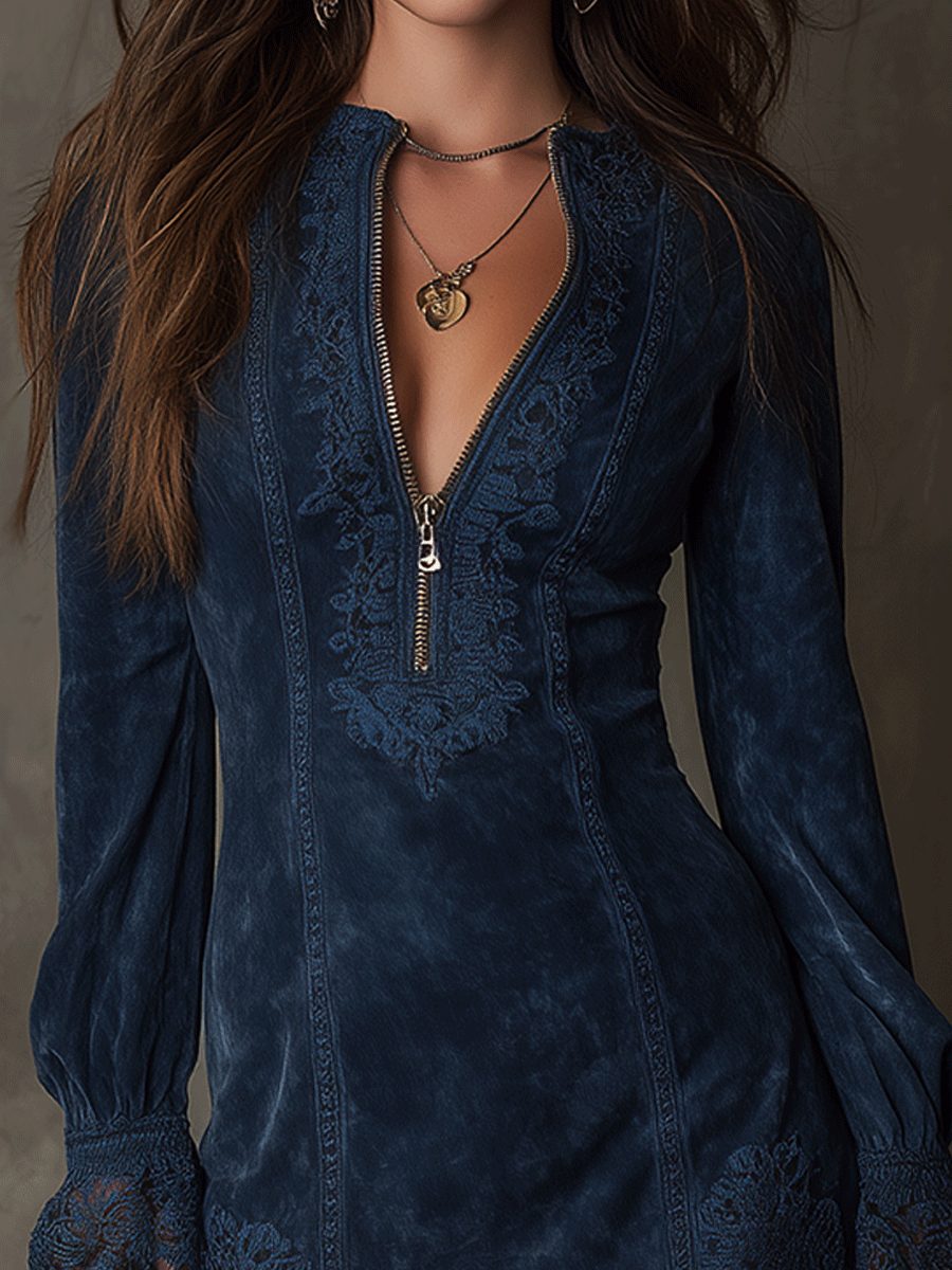 Aldowen | Women's Long Sleeve Lace Trim Mini Dress