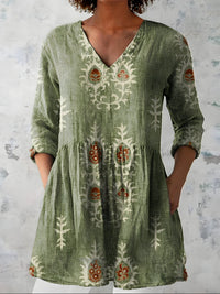 Aldwyn Women's Linen Tunic Top Boho Print in Green