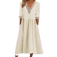Aleda™ Collar Mid-Length Dress in Beige