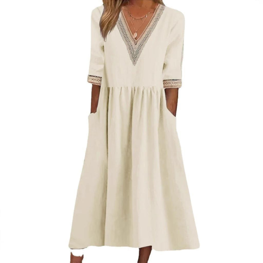 Aleda™ Collar Mid-Length Dress in Beige