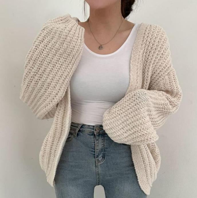 Alessia Knit Cardigan with V-Neck and Oversized in Beige